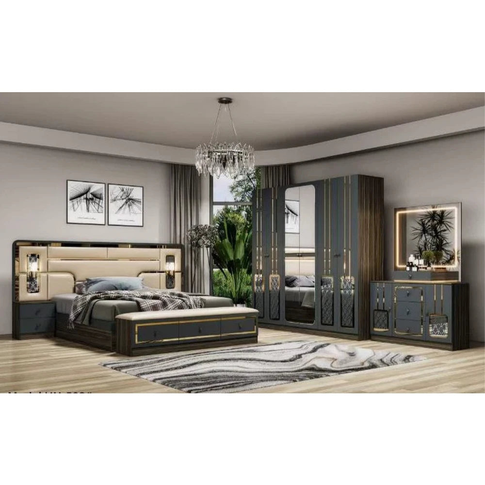 ensemble chambre coucher moderne lit tête rembourrée armoire miroir commode tiroirs tables chevet