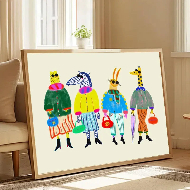 affiche animaux illustrés moderne chambre enfant multicolore verte jaune bleue orangée pop art sans