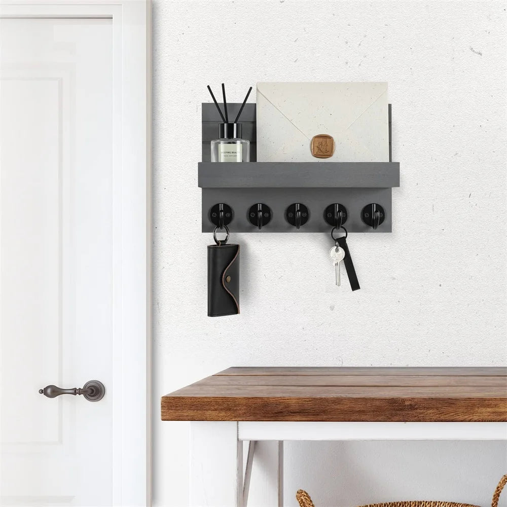 porte clés mural bois compartiment courrier entrée salon vis moderne écologique rectangle gris