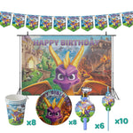 accessoires fête anniversaire dragon spyro assiettes gobelets pailles thème violet jaune vert