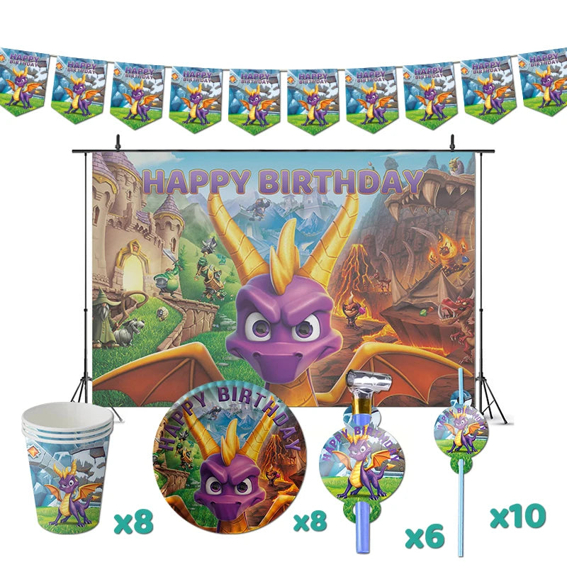 accessoires fête anniversaire dragon spyro assiettes gobelets pailles thème violet jaune vert