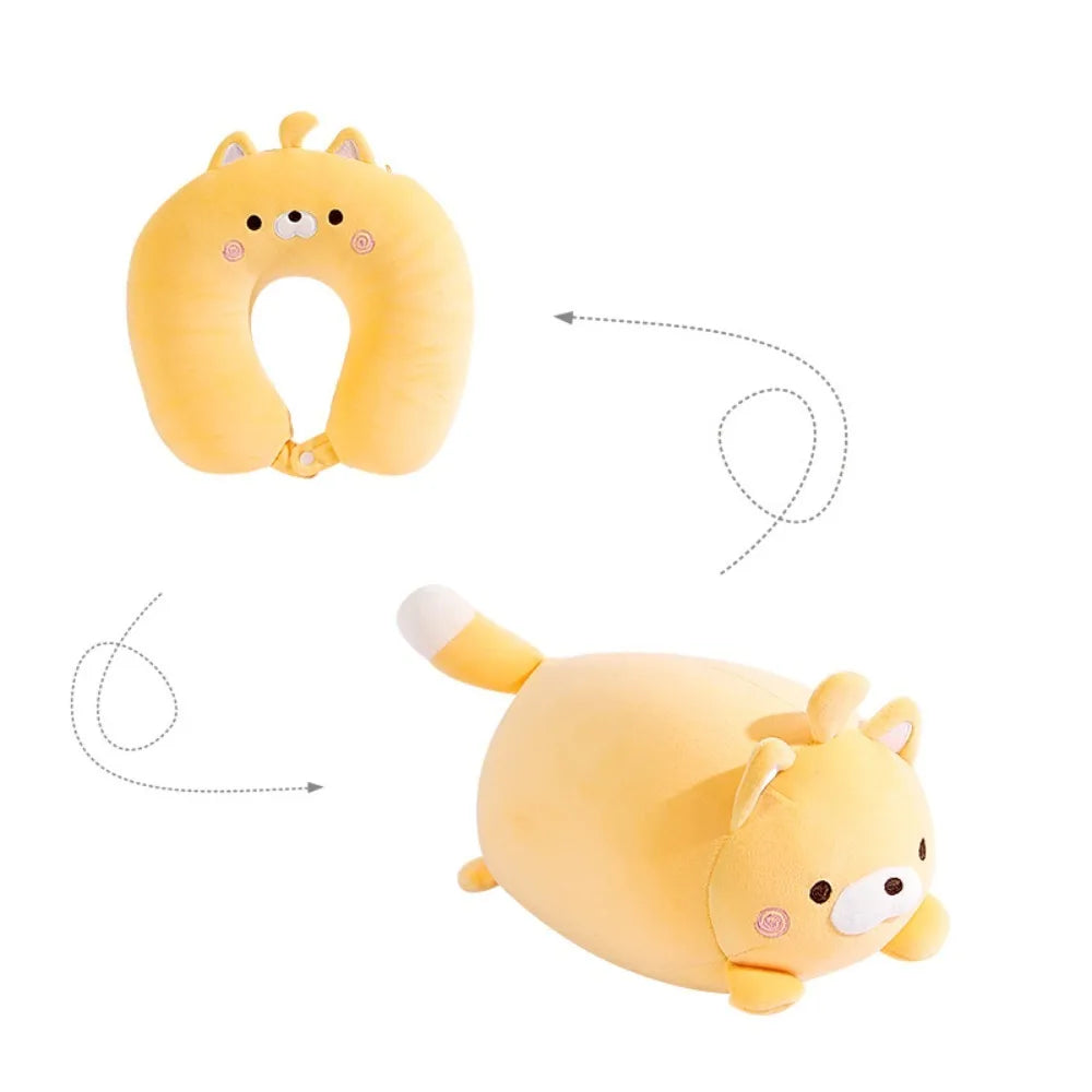 coussin voyage forme chat jaune clair mignon doux mousse polyester coton