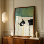 tableau moderne chat dormant toile peinte noir blanc vert beige opaque sans cadre