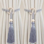 rideau moderne rustique coton anneaux bois pompon frange beigeclair