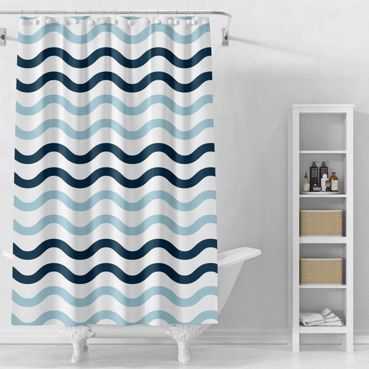 rideau douche blanc bleu marine rayures ondulées moderne imperméable ourlet standard éva anneaux métalliques