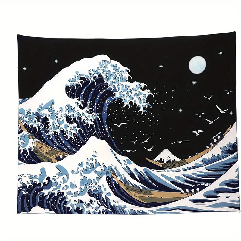 tapisserie moderne art japonais ondes étoiles noir blanc bleu beige chambre coucher