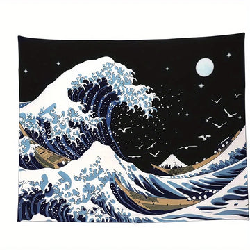 tapisserie moderne art japonais ondes étoiles noir blanc bleu beige chambre coucher