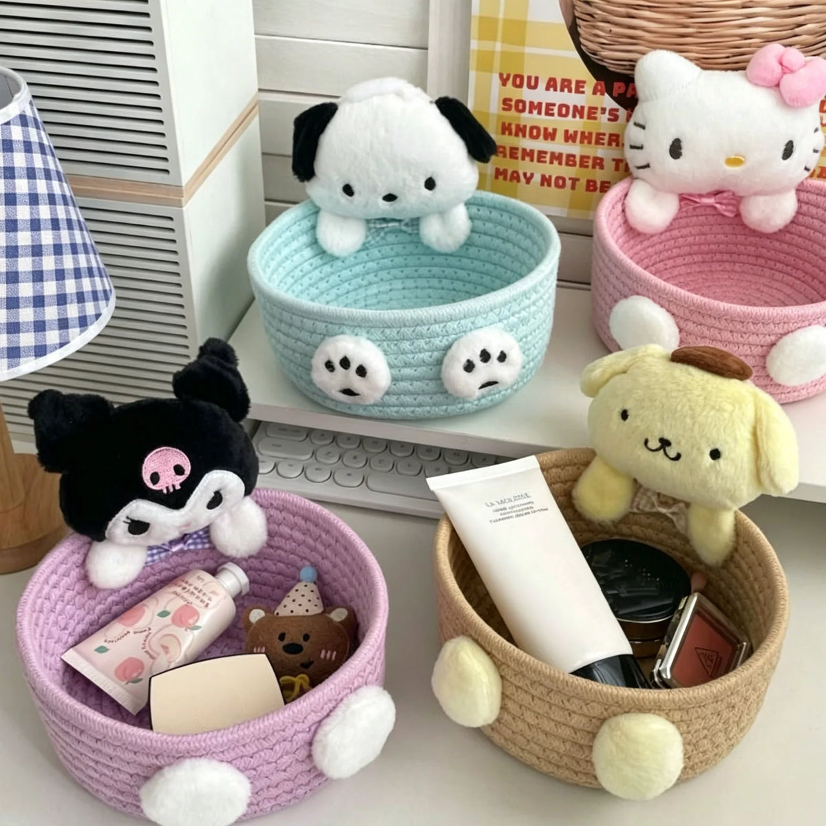 panier rangement corde tressée violet bleu clair beige rose peluches cosmétiques modernes