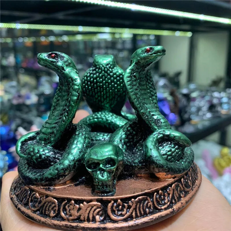 statue serpent tête crâne argent bleu vert motifs floraux artisanal feng shui maison