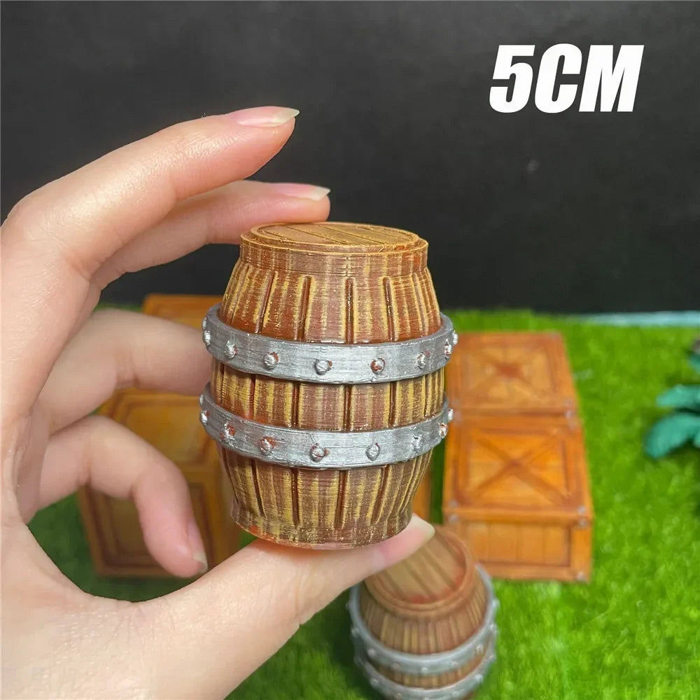 coffres miniatures barils marron clair gris métallique texture bois détails métalliques réalistes opaques