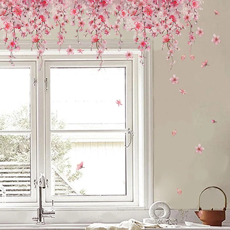 sticker mural rose fleurs cerisier adhésif décoration intérieure floral papillons chambre salon
