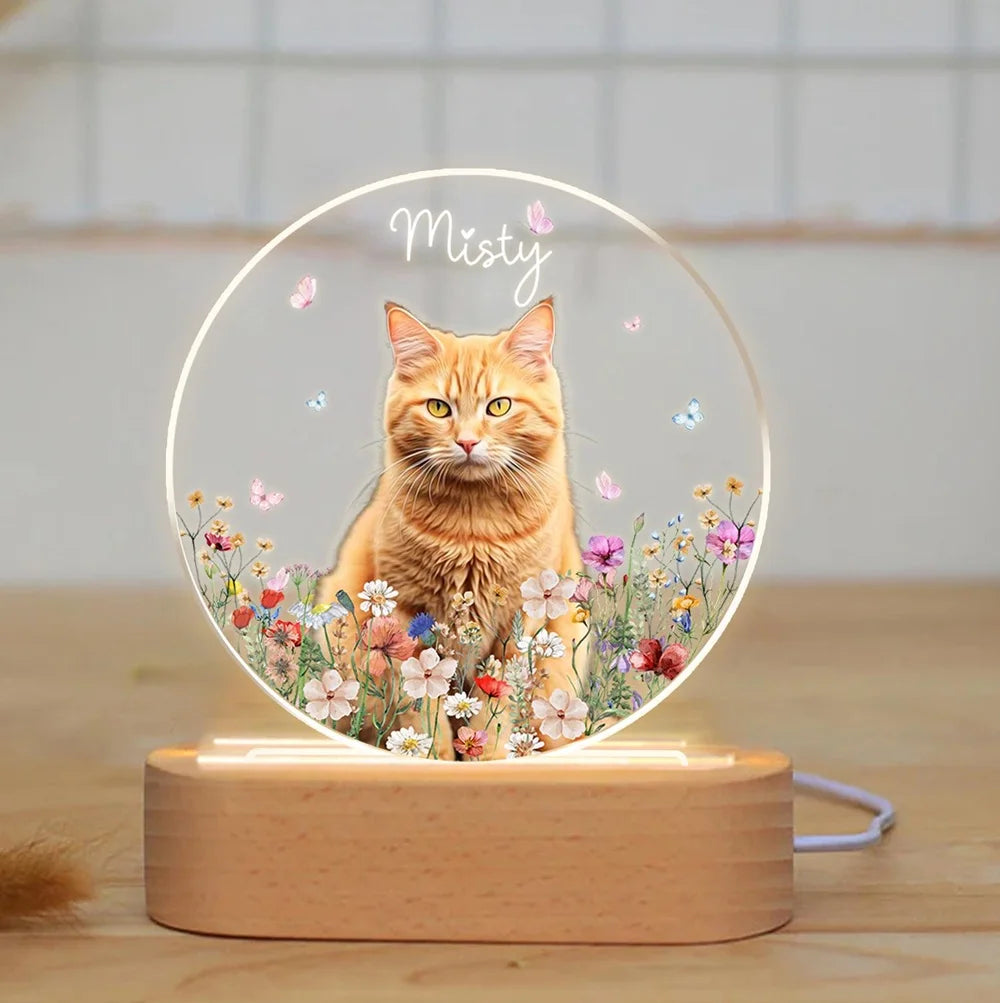 lampe nuit transparente chat orange fleurs papillons texte Misty moderne personnalisable base bois