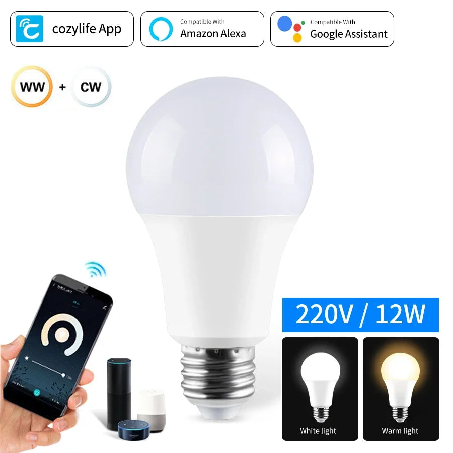 ampoule led intelligente e27 blanc jaune chaud controle vocale alexa google assistant app mobile