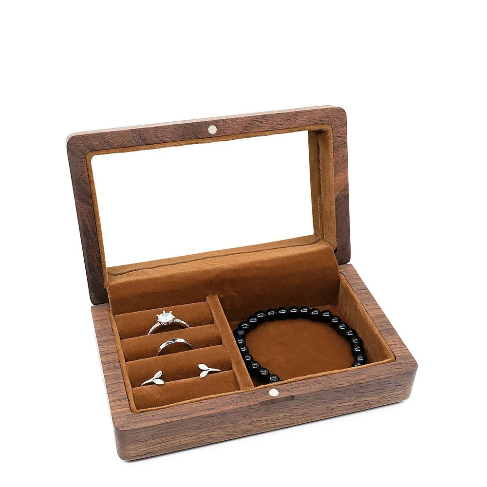 boîte bijoux bois foncé velours intérieur blanc classique minimaliste présentoir rangement colliers pendentifs bague