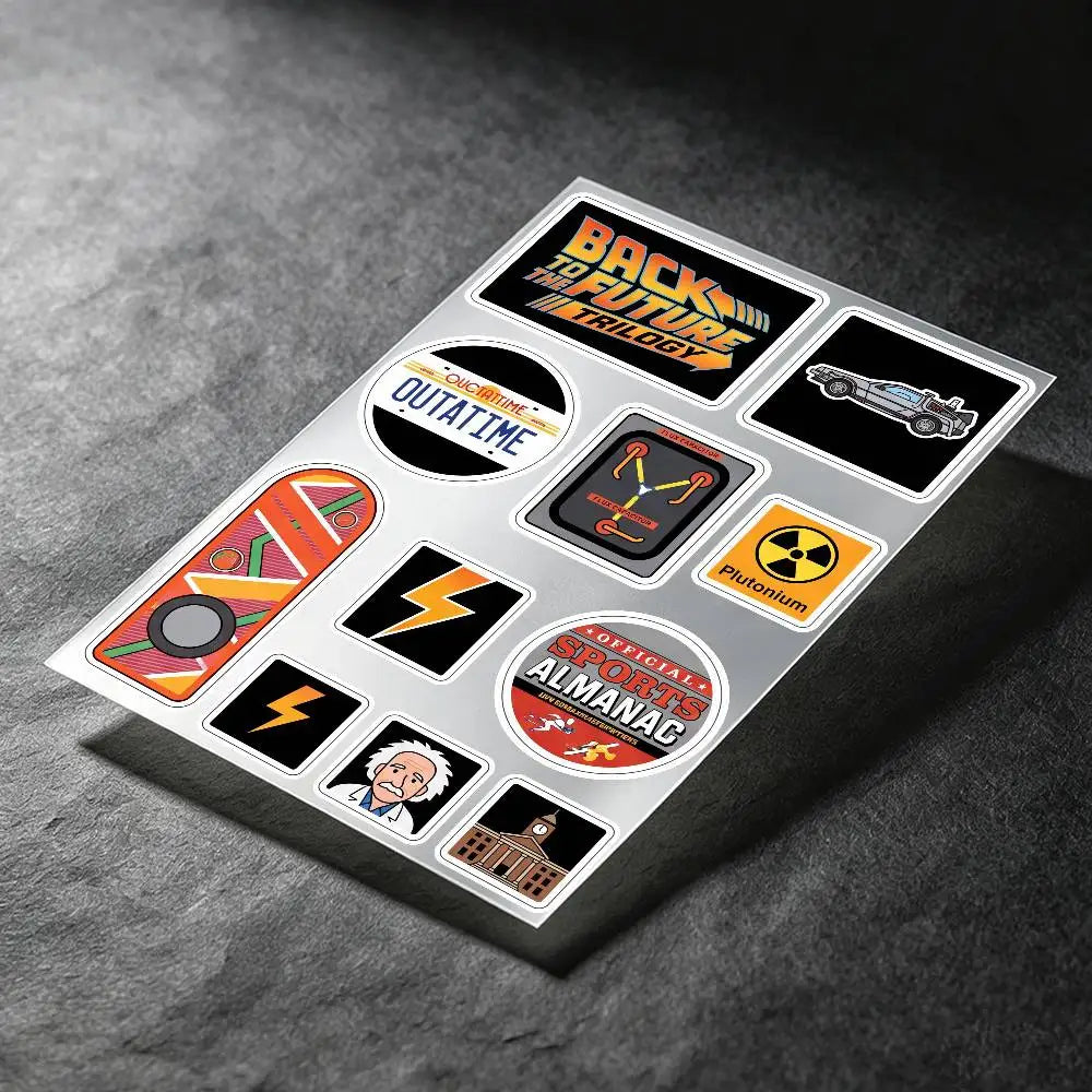 stickers réfléchissants retour futur multicolore delorean capaciteur plutonium pop art retro moto vélo