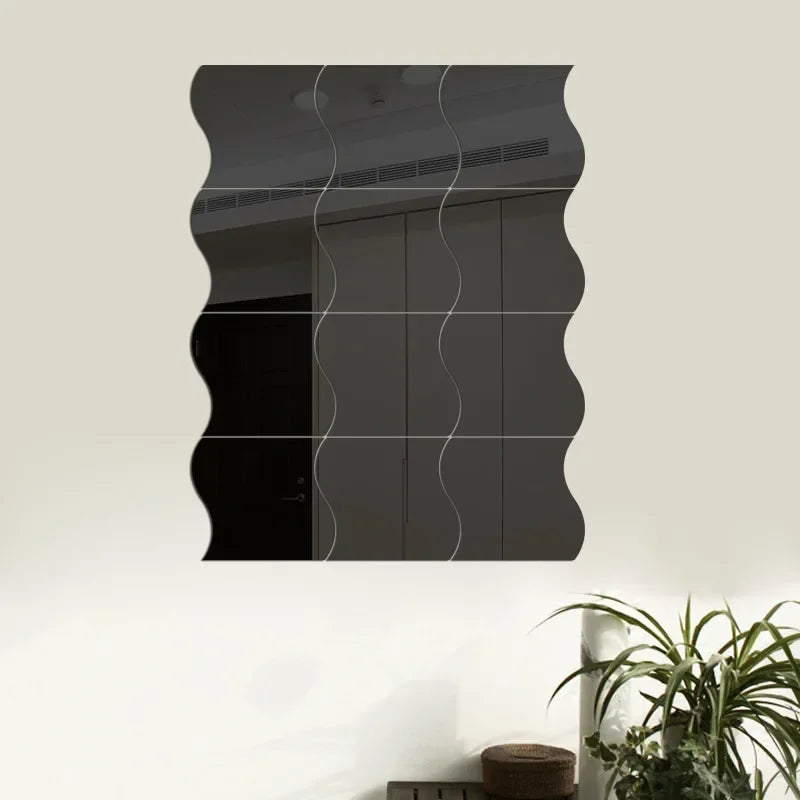 miroir moderne ondulé autocollant bleu blanc noir doré mur carreaux meubles