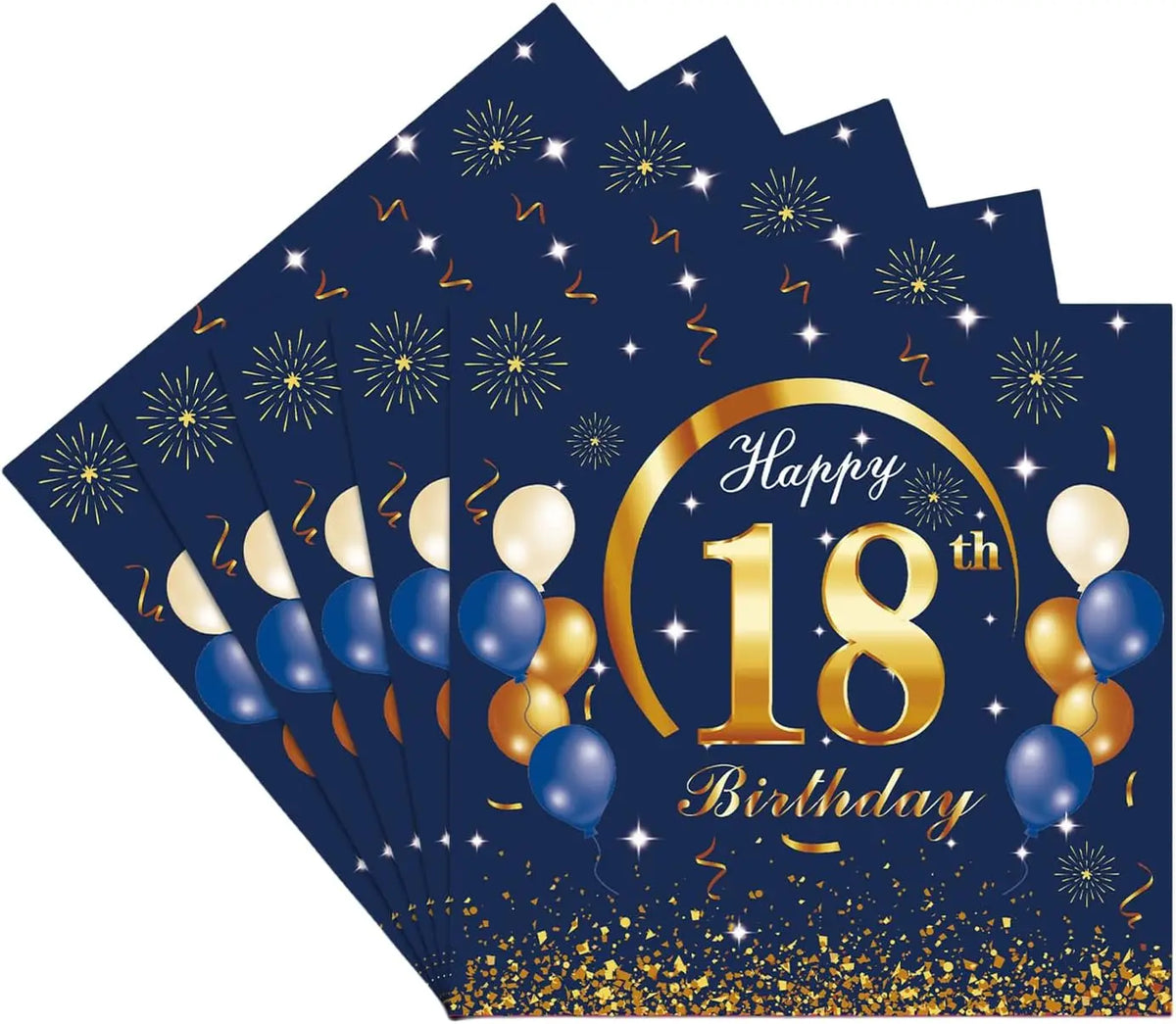 serviettes papier anniversaire fleurs chiffres dorés bleu marine fête confettis ballons age