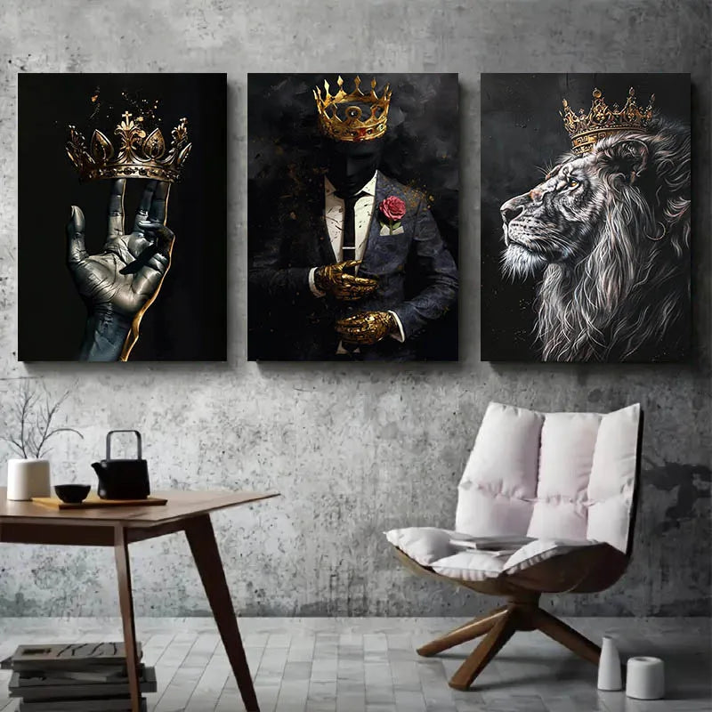 tableau toile cadre doré homme costume rose lion couronne art mural noir élégant classique