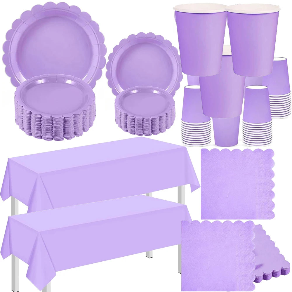 vaisselle jetable violet pastel assiettes gobelets serviettes nappe festive anniversaire mariage baptême