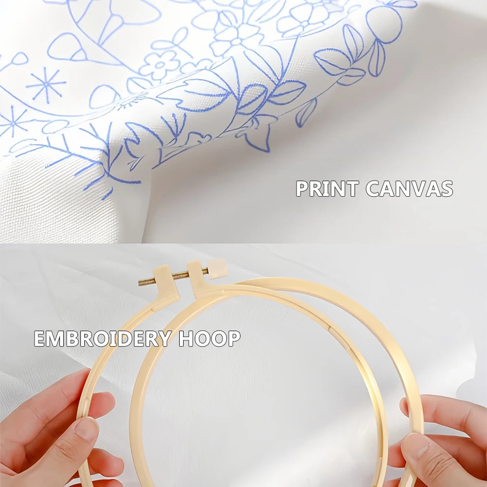 Kit broderie plantes suspendues tissu imprimé fils aiguilles cerceau instructions bohème artisanal débutants