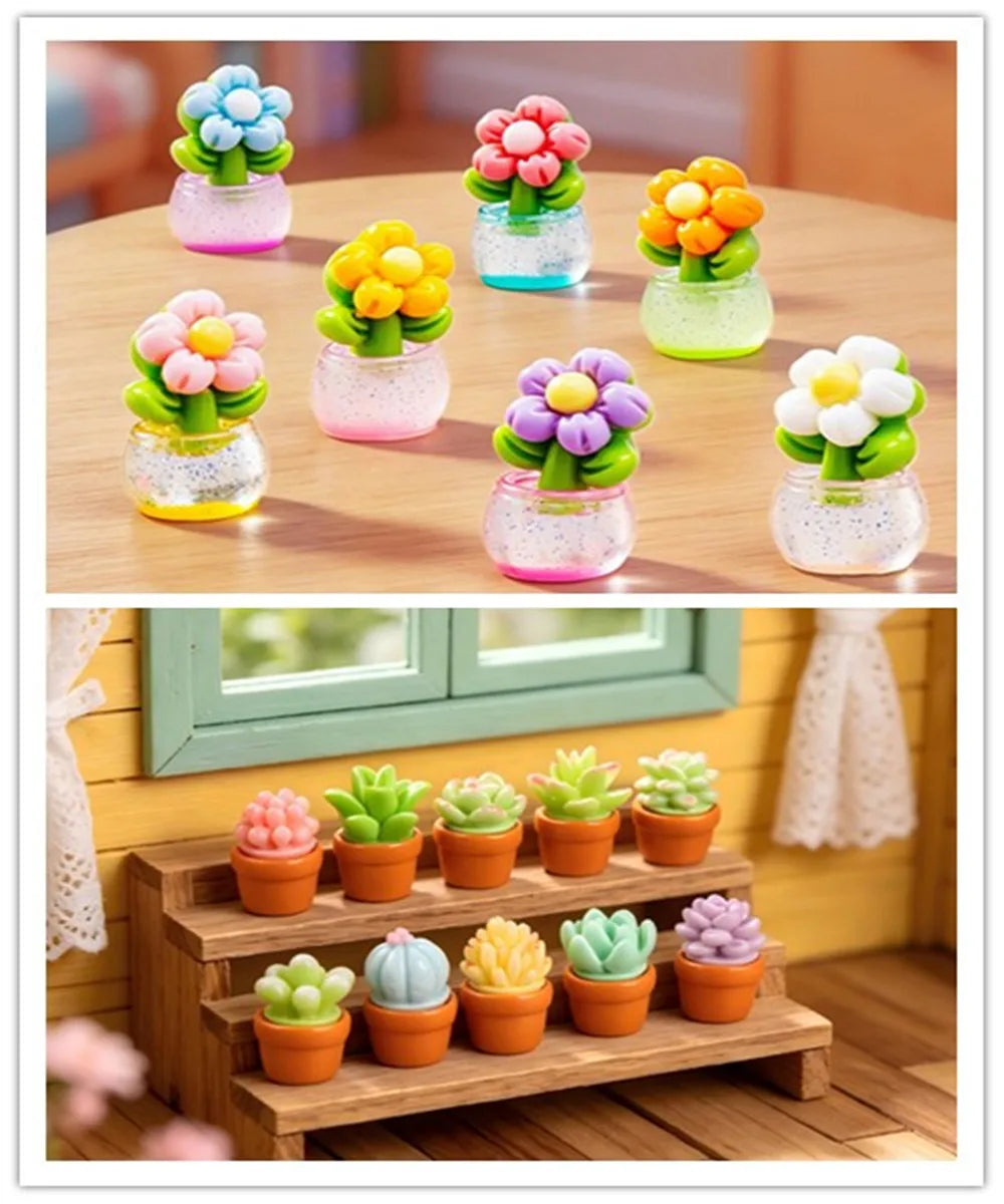 miniatures cactus fleurs artificielles pots transparents couleurs variées vert rose jaune bleu