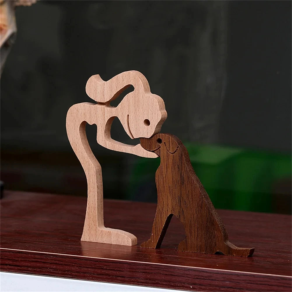 Figurine artisanale en bois chien et humain décoration bureau