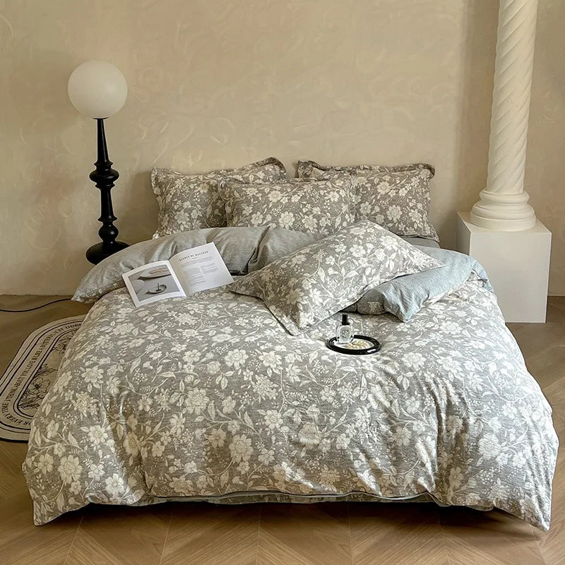 ensemble literie coton lin bleu gris motifs floraux drap plat taies oreillers vintage douillet
