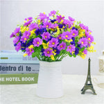 bouquet artificiel violet blanc jaune rouge bleu fleurs soie feuilles vertes moderne décoration maison