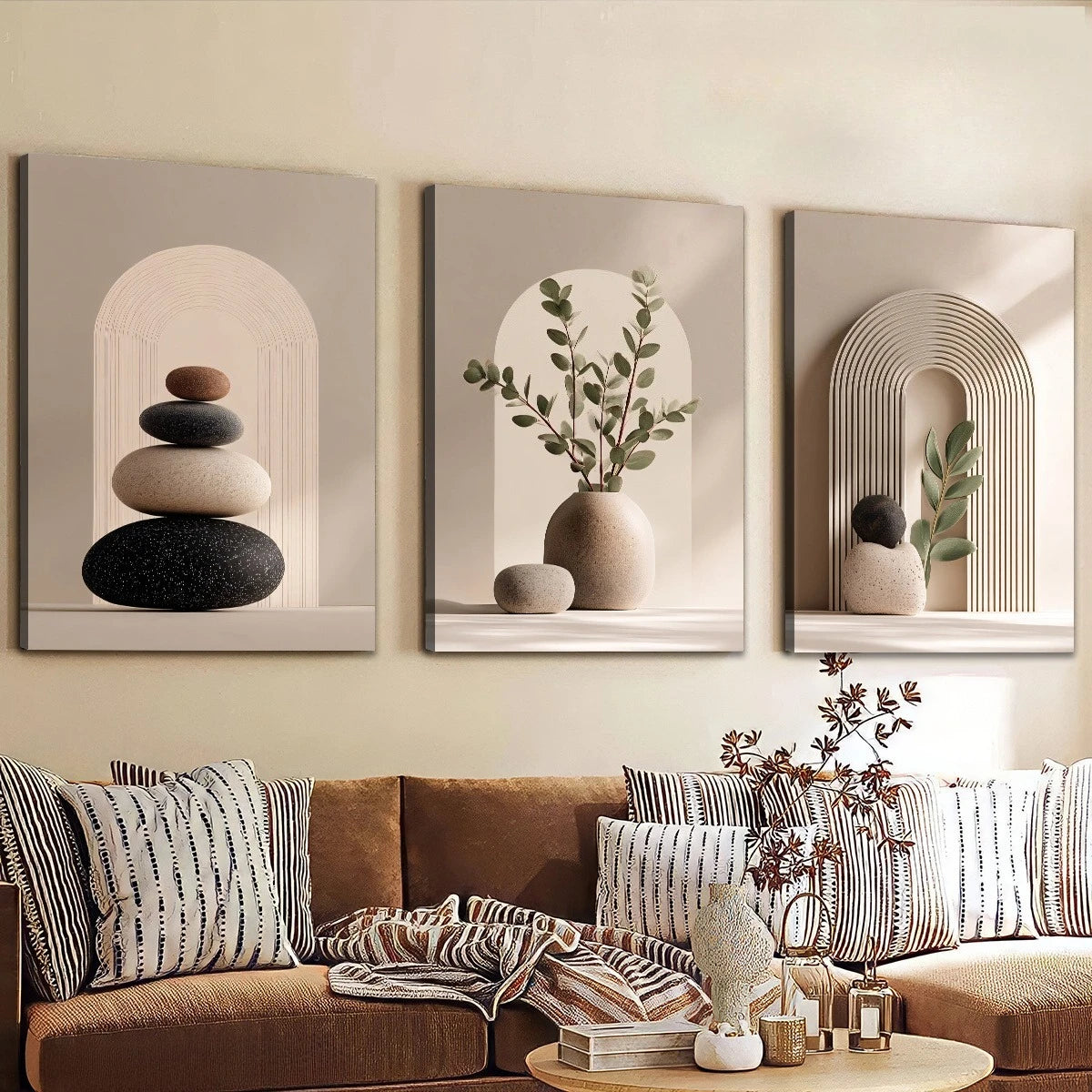 tableau moderne minimaliste arche geometrique feuilles vertes vase pierre decoration chambre maison living room