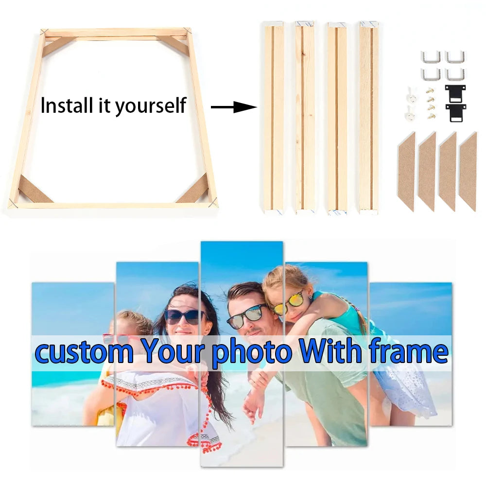 toile d'art personnalisable moderne photo famille piscine clips fixation blanc bleu vert beige