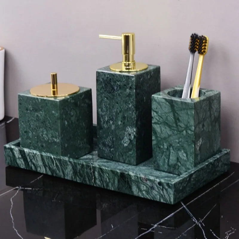 ensemble salle bain vert marbre moderne distributeur savon porte brosse gobelet serviette