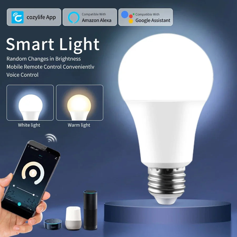 ampoule led intelligente e27 blanc jaune chaud controle vocale alexa google assistant app mobile