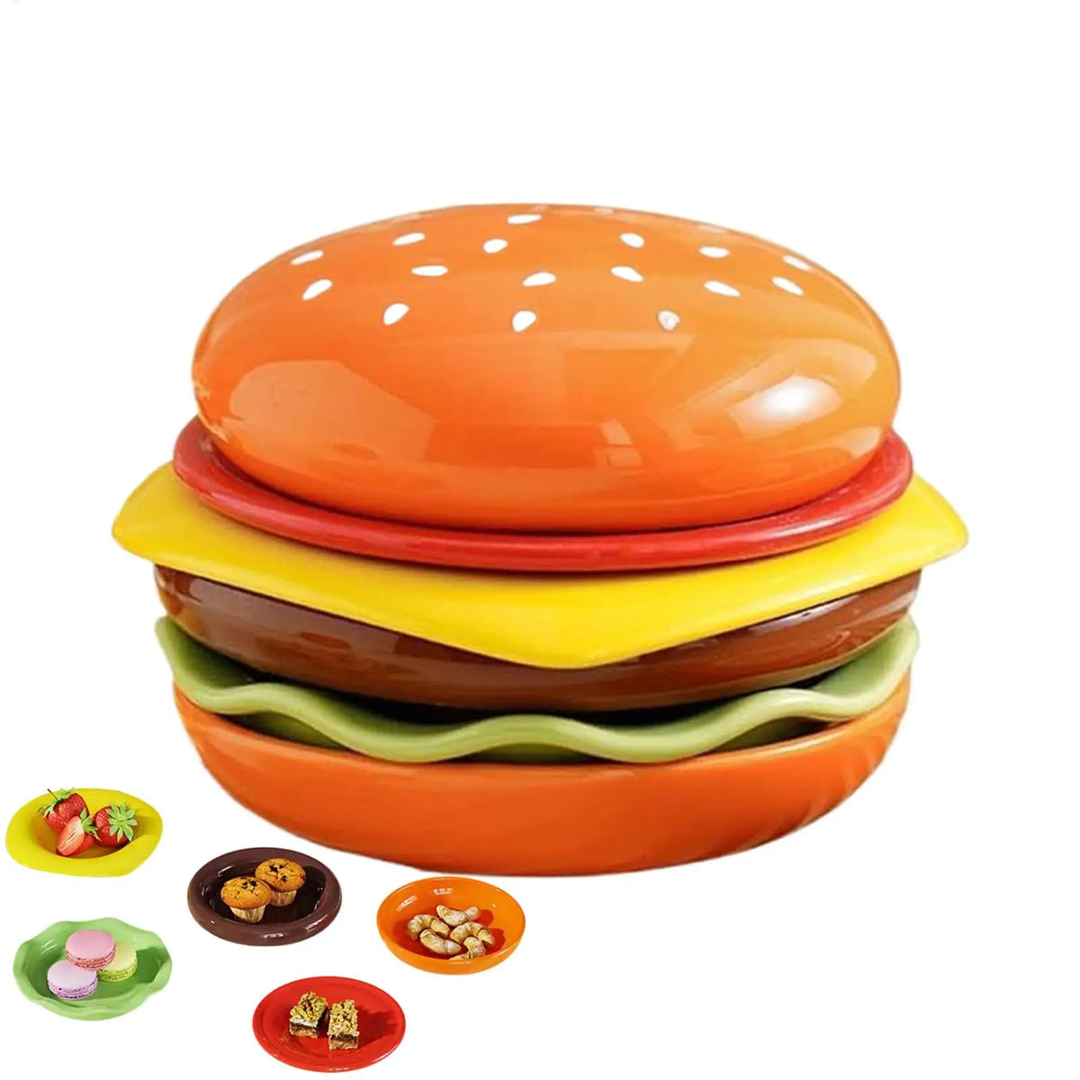 assiettes hamburger couleur fruit rondelles fromage viande sauce garniture enfant créatif humoristique table festive