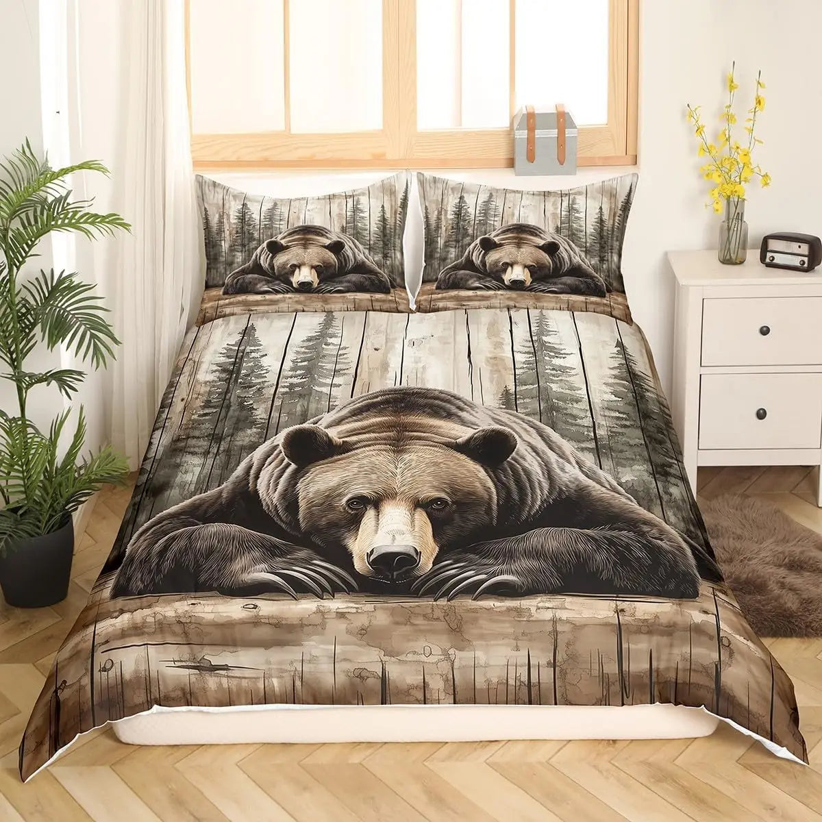 housse couette ours brun taie oreiller motif bois naturel rustique marron beige gris blanc
