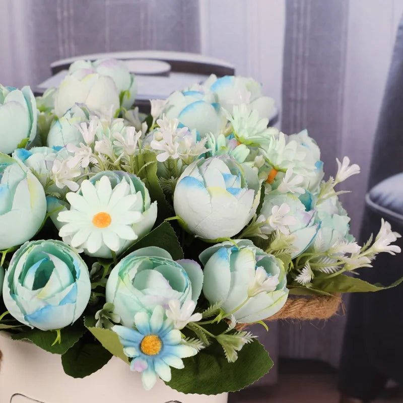 décoration intérieure bouquet fleurs artificielles roses blanches feuilles vertes modernes 29cm 3pcs