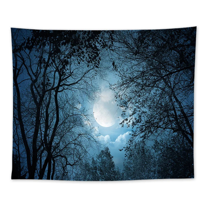 tapisserie forêt nocturne étoiles aurora borealis bleu noir blanc vertical maison chambre decoration
