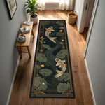 tapis sol antidérapant polyester fleurs lotus carpes koï bleu foncé doré oriental moderne