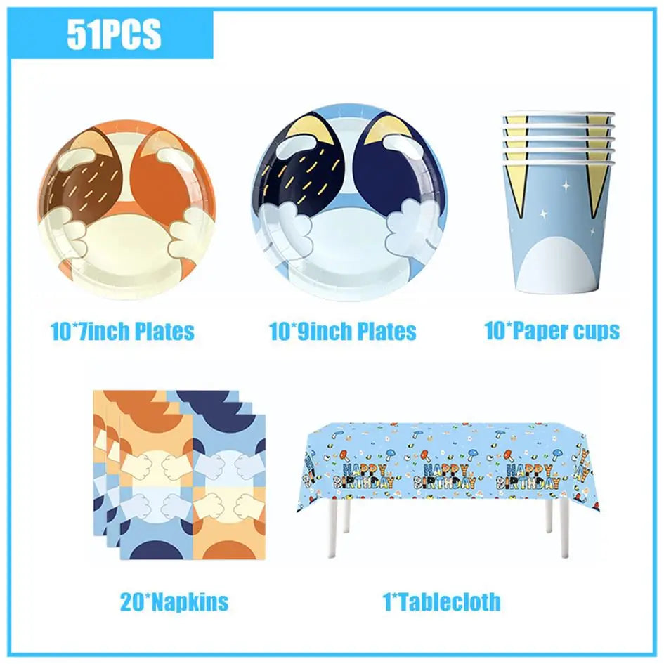 kit decoration anniversaire chien bleu assiettes gobelets serviettes guirlande support cupcake decor animaux