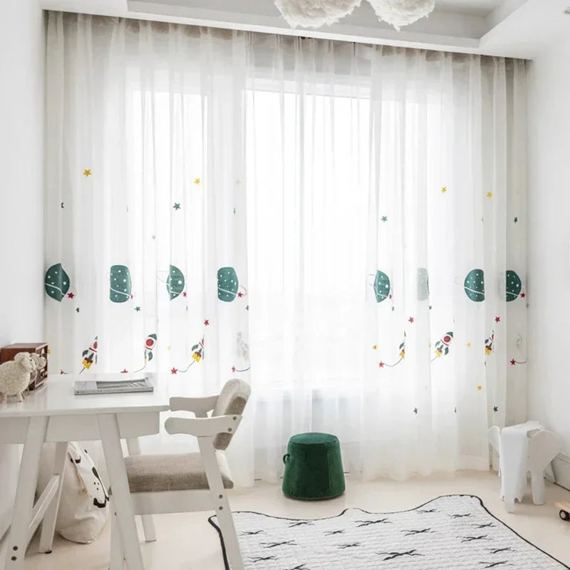 rideau moderne enfant planètes fusées étoiles polyester translucide chambre salon