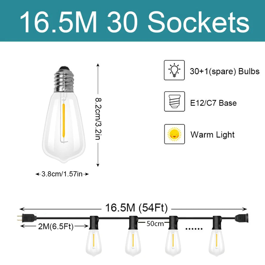 guirlande lumineuse led transparente vintage 15 ampoules 9m clips intégrés blanc noir moderne