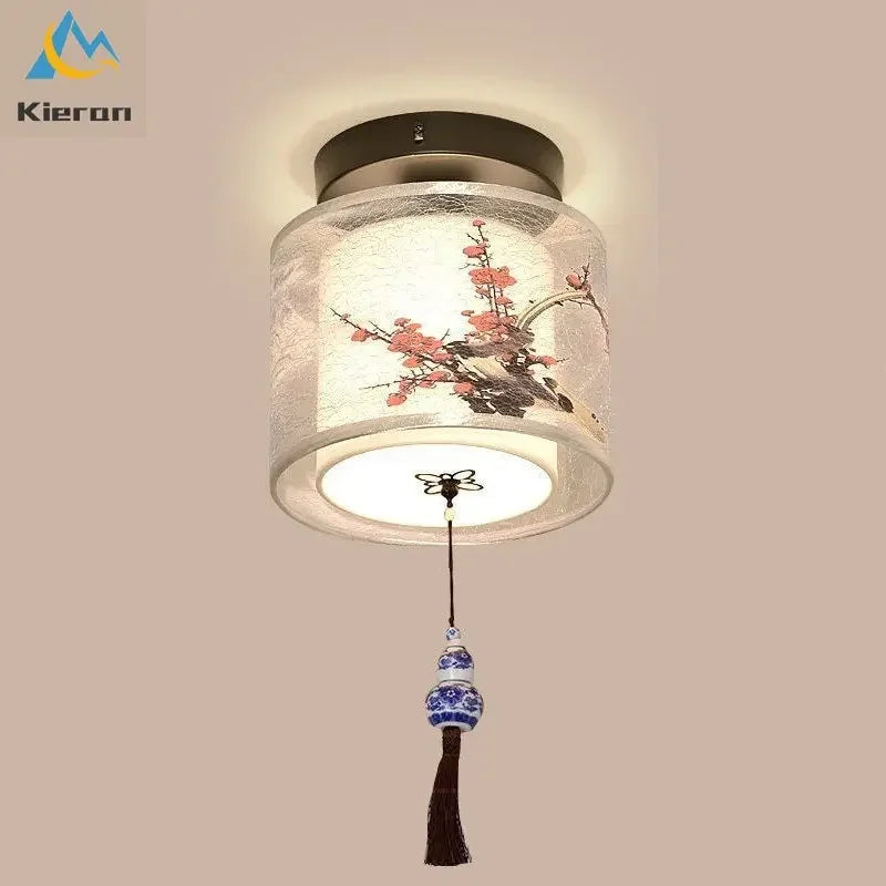 plafonnier led oriental fleurs oiseaux ceramique tissu salon chambre decoration classique blanc