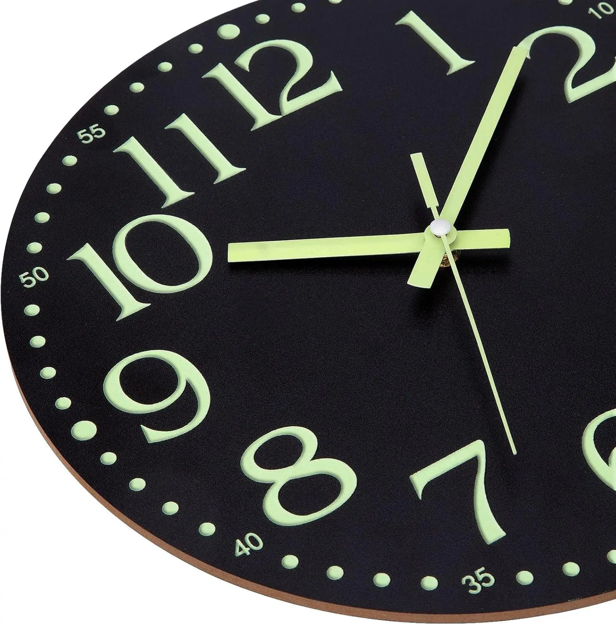 horloge murale moderne aiguille noir vert luminescent points decoration mdf chambre coucher