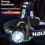 lampe frontale led rechargeable étanche haute luminosité zoomable noir bleu moderne