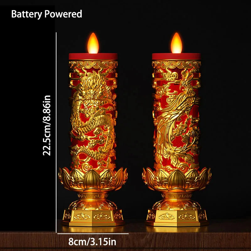 bougies led dragon or rouge artisanal traditionnel base ornée haute 26 cm