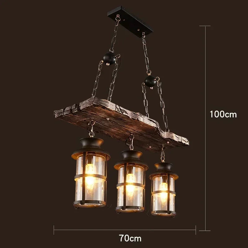 suspension lumineuse bois rustique verre translucide vintage industriel chaînes métalliques ampoules filament