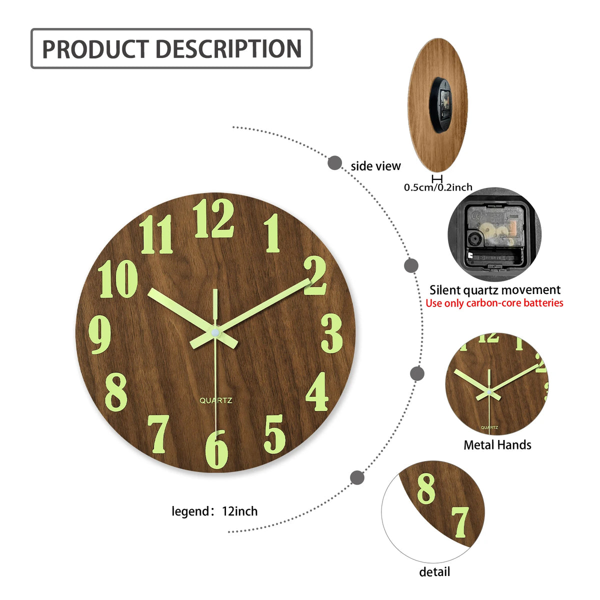 horloge murale bois lumineuse aiguille verte moderne 12 pouces minimaliste sans tic tac chambre