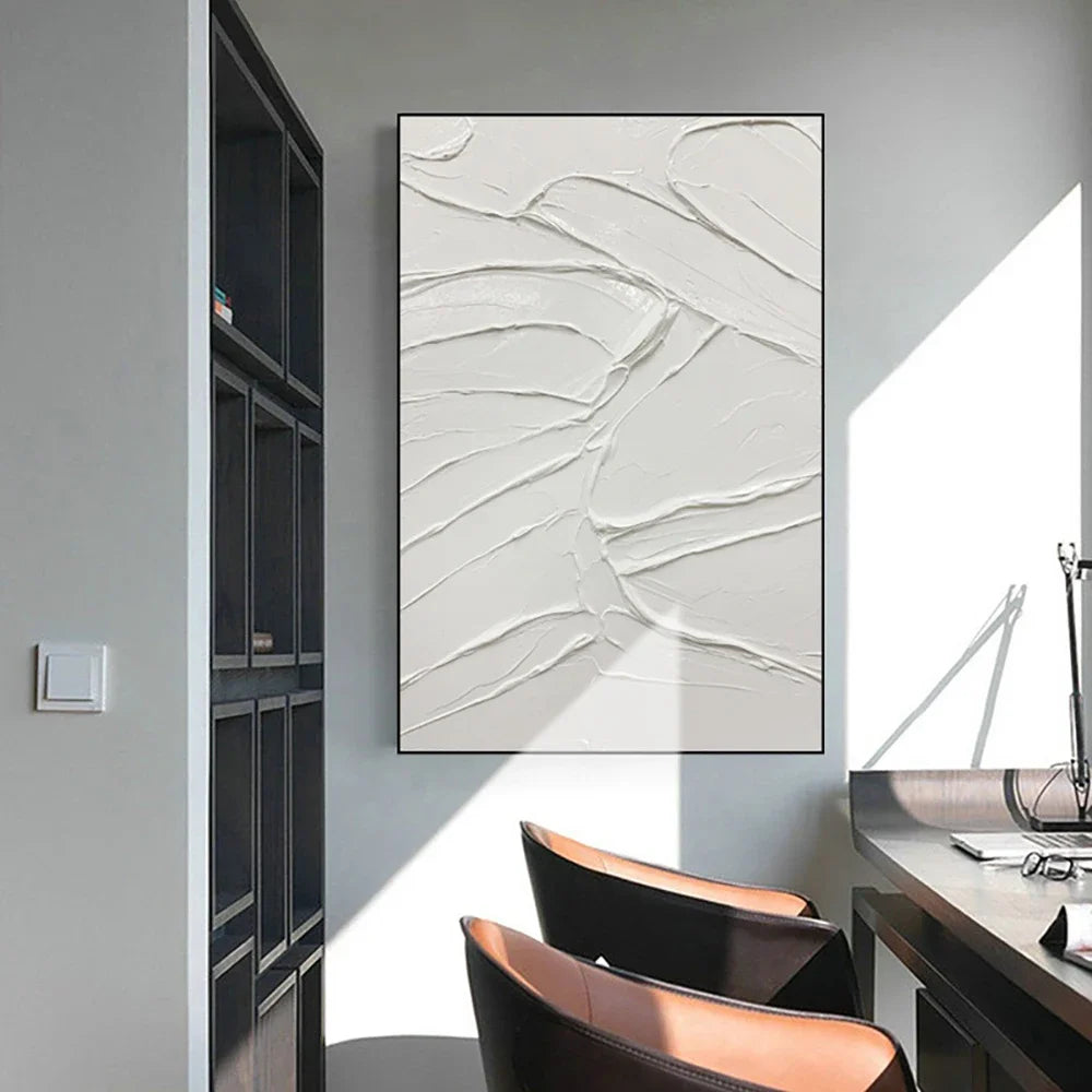 tableau moderne abstrait lignes ondulées blanc gris clair décoration intérieure sans cadre contemporain horizontal