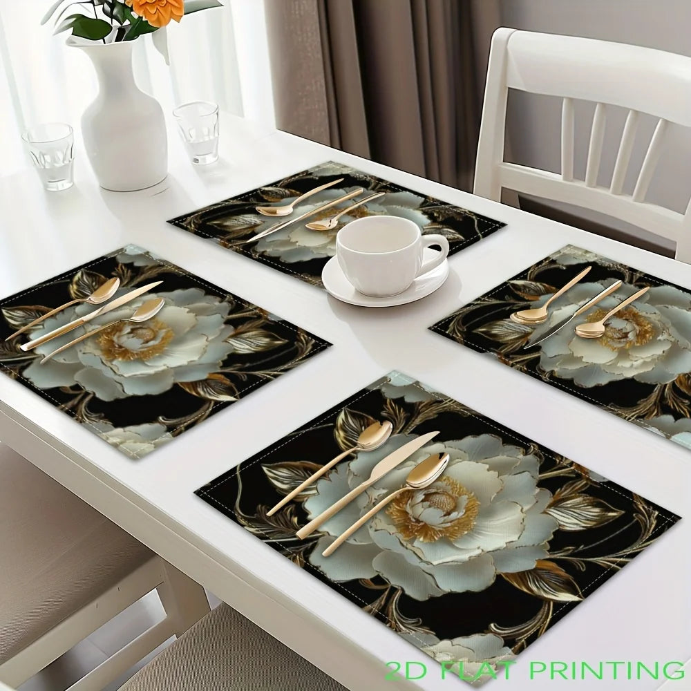 tapis table fleur blanche dorée fond noir classique élégant cuillère tasse livre vase