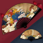 éventail traditionnel artisanal peinture artistique motifs floraux ruban décoratif couleurs vives