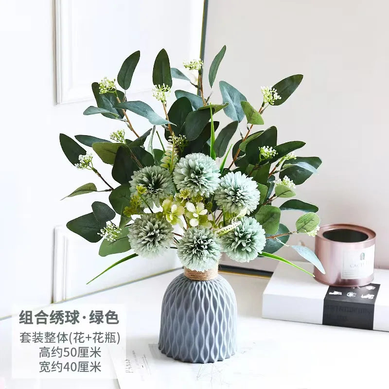 bouquet artificiel moderne fleurs boules feuilles vertes bleu blanc rouge